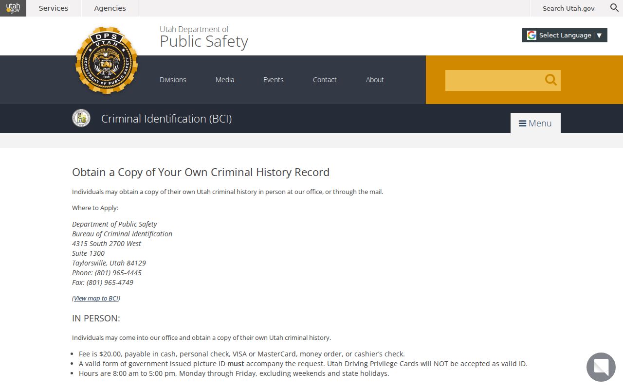 Juab County criminal history Utah BCI self-record instructions